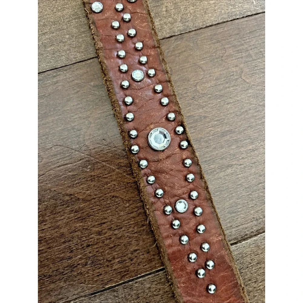 American Eagle Brown 100% Leather Belt Western Hippy Studded Womens M Rhinestone